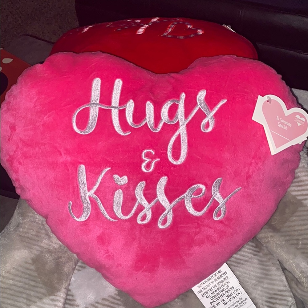 Pink Heart-Shaped 'Hugs & Kisses' Pillow